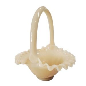 Vintage Fenton Shiny Custard Crimped Ruffle Glass Basket 2000s Unpainted